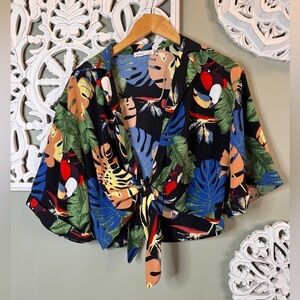 Akaiv Shirt Tie Front Toucan Tropical Monstera Plants Medium Swim Cover Up